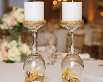 Set of 2 - Sand and Seashell Candle Holders, Coastal Centerpiece,Beach Decor, Beach Candle Holder, Beach Wedding Glass, Centerpiece, wedding