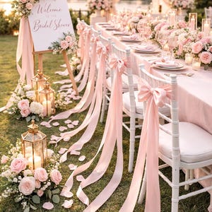 May include: An outdoor bridal shower setup with a long table decorated with pink roses, candles, and elegant tableware. White chairs are adorned with pink bows and ribbons. A sign reads "Welcome to the Bridal Shower."