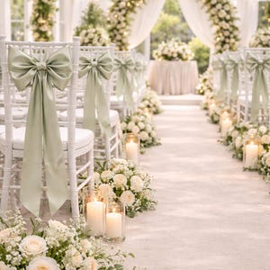 May include: A wedding ceremony setting with white chairs adorned with sage green bows. The aisle is lined with white roses, greenery, and lit candles. A floral arch and table are at the end of the aisle, creating a romantic atmosphere.