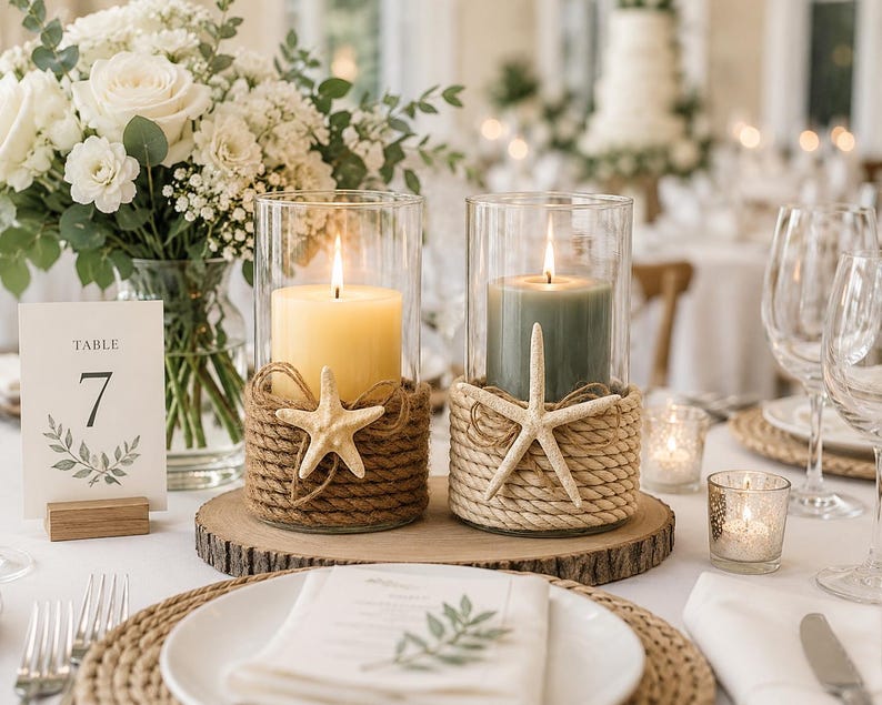 May include: Two cylindrical glass candle holders wrapped in thick rope, each featuring a white starfish accent. One holder contains a cream-colored pillar candle, while the other holds a sage green pillar candle, both resting on a wood slice.