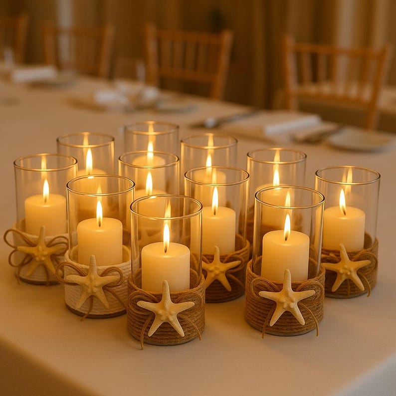 May include: A collection of clear glass cylinder candle holders, each wrapped at the base with natural tan jute twine and adorned with a single cream-colored starfish. Each holder contains a lit white pillar candle, creating a warm glow.