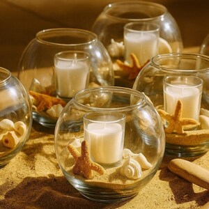 May include: Glass candle holders with white candles, sand, seashells, and starfish. The clear glass bowls are arranged on a sandy surface, creating a beach-themed decorative display. The candles are lit, adding a warm glow.