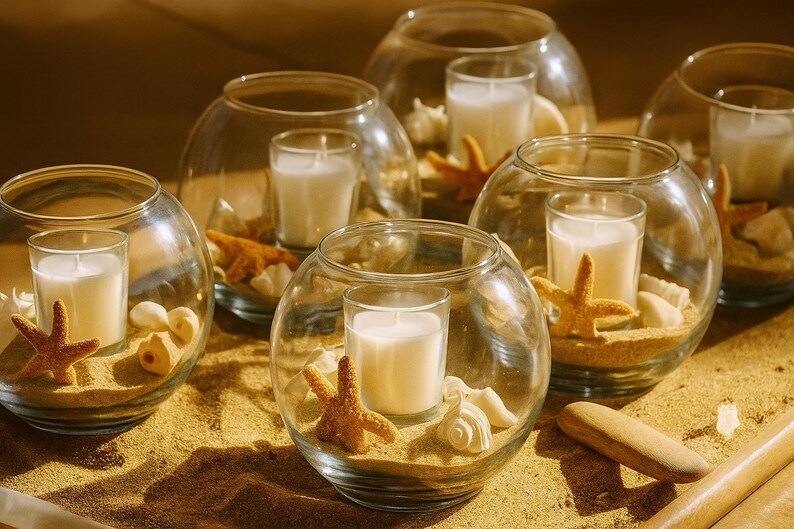 May include: Glass candle holders with white candles, sand, seashells, and starfish. The clear glass bowls are arranged on a sandy surface, creating a beach-themed decorative display. The candles are lit, adding a warm glow.