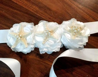CUSTOM DESIGNED IVORY color- Beach Bride Sash, Starfish Bridal Belt, Wedding Belt, Wedding Dress Waist Belt, Wedding Sash