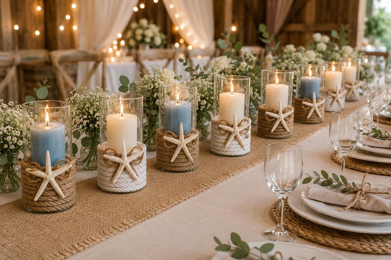 May include: A series of cylindrical glass candle holders wrapped in natural jute rope and white cord, each featuring a white starfish accent. The holders contain lit pillar candles in shades of light blue and cream, arranged on a burlap table runner.