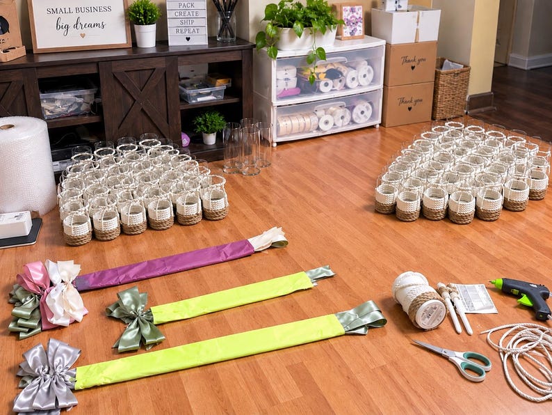 a room with various craft supplies and materials, including baskets, ribbons, scissors, and other decorative items. The room appears to be a workspace or storage area, with a wooden floor and a shelf with additional supplies.