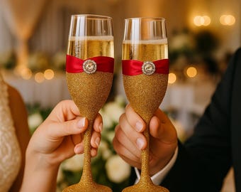 Wedding Cake Cutting Set with Champagne Flutes – Toasting Glasses, Cake Server Set, Wedding Knife Set, Bride and Groom Gift, Wedding Table