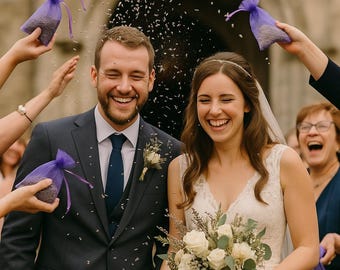 May include: A wedding couple laughing while being showered with dried lavender from small purple organza drawstring bags. The person on the left wears a navy blue suit with a tie, and the person on the right wears a white lace wedding dress.