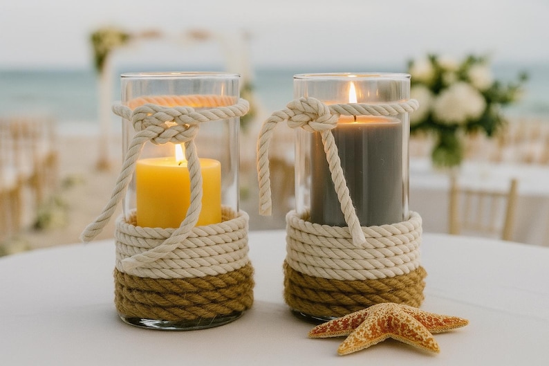 May include: Two glass candle holders with lit candles, wrapped with rope. One candle is yellow, the other is gray. A starfish rests in front of the candle holders. The background shows a beach setting, suggesting a nautical or beach-themed event.