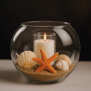 May include: A clear glass bowl with sand, seashells, and an orange starfish. A white candle in a glass holder is lit inside the bowl. The candle flame is bright against the dark background.