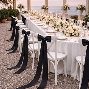 May include: A row of white cross-back chairs arranged along a long table covered with a white tablecloth. Each chair features a large, tied black satin ribbon bow on the backrest, with long fabric tails draping down toward the ground.