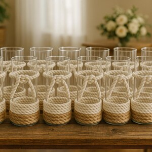 May include: A collection of clear glass vases with a rope design. The bottom of each vase is wrapped with a thick, tan-colored rope, and the top has a rope handle. The vases are arranged on a wooden table.