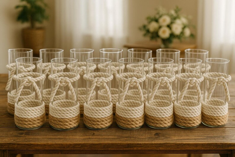 May include: A collection of clear glass vases with a rope design. The bottom of each vase is wrapped with a thick, tan-colored rope, and the top has a rope handle. The vases are arranged on a wooden table.