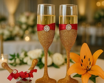 Glitter Flutes & Cake Server Set – Sparkle Champagne Glasses, Wedding Toasting Set, Shiny Cake Cutting Set, Bride Gift Idea, wedding Flute