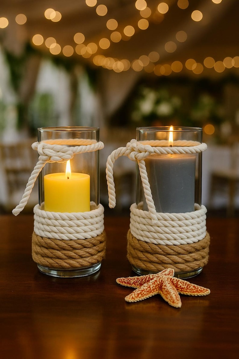 May include: Two glass candle holders with lit candles, one yellow and one gray, are decorated with rope. The base and top of the holders are wrapped in thick, brown rope, with white rope accents. A starfish rests on the table.