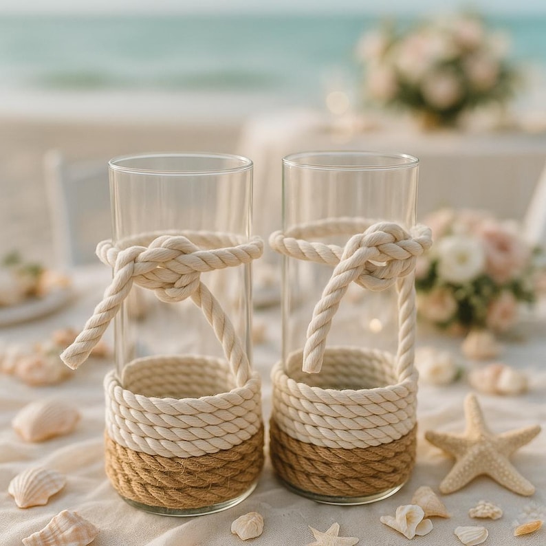 May include: Two clear glass vases with nautical rope detailing. The base of each vase is wrapped in natural jute rope, with a band of cream-colored rope above. A cream-colored rope is tied around the top of each vase.