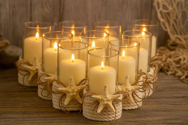 May include: A set of eight cylindrical glass candle holders, each containing a cream-colored pillar candle. The base of every holder is wrapped in thick, light-colored rope and decorated with a single beige starfish tied with twine.