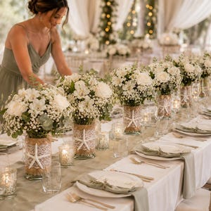 May include: A series of glass vases wrapped in burlap and white lace, each adorned with a white starfish. The vases contain arrangements of white roses and baby's breath, placed along a long table with white plates and sage green napkins.