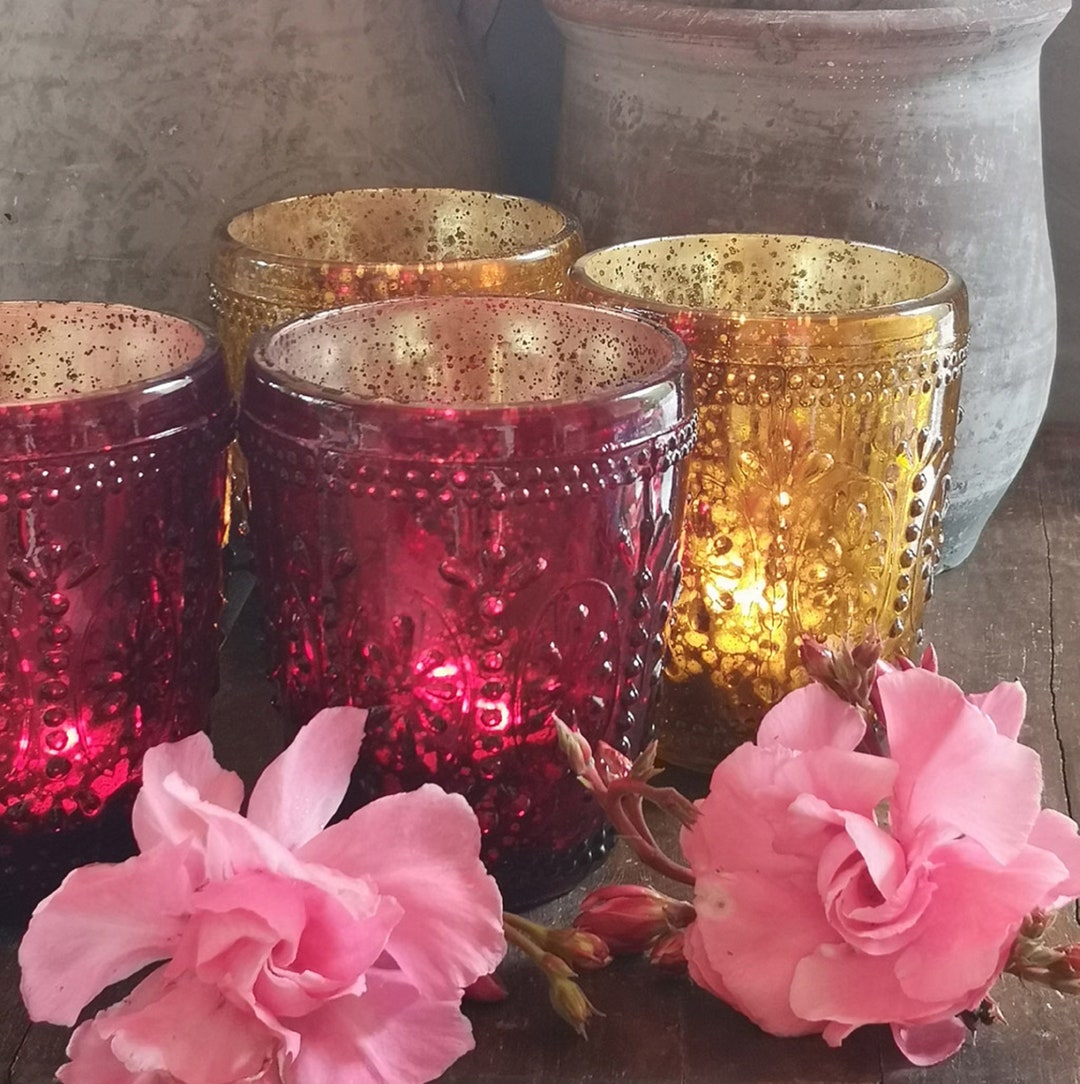 A Pair Ofbeautiful Rich Antiqued Mirror Glass Amber Votive Tea Etsy UK