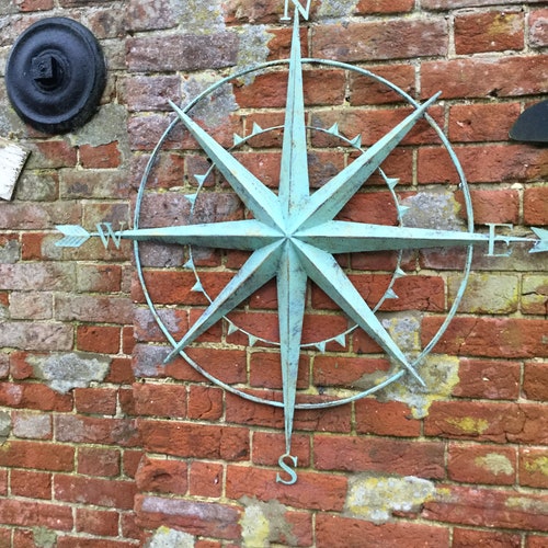 Large Aged Metal Verdigris Compass Wall Hanging Wall Art Etsy UK