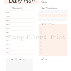May include: A printable daily planner with sections for schedule, top priorities, to-do list, notes, and for tomorrow. The planner has a light peach background with brown lines.