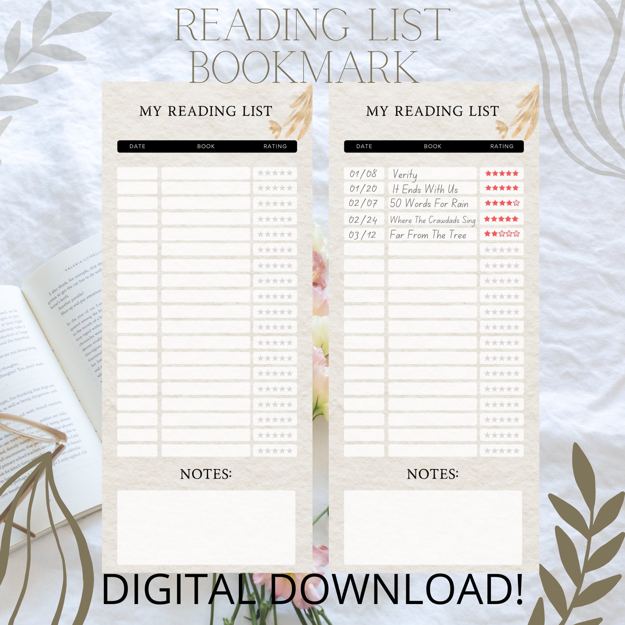 Printable Bookmark Library Card Reading List Digital Etsy