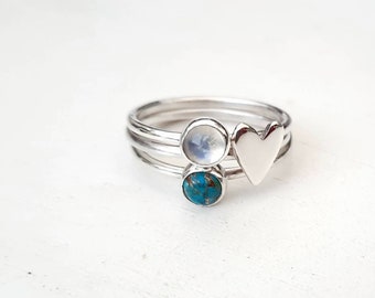 A gorgeous Moonstone,  Turquoise and silver heart stacker ring set.