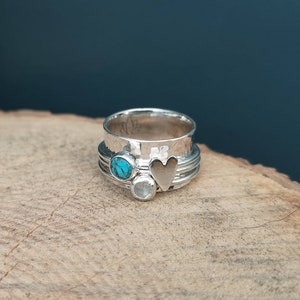 Copper veined Turquoise,  Aquamarine and a silver heart spinner ring.