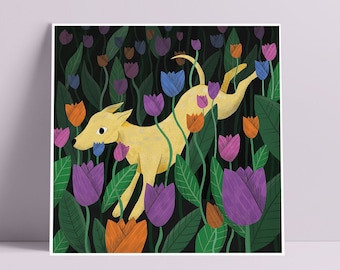 Dog with Tulips Print on 300gsm Card // Wall Art // Home Decor // Dog Lover Gift