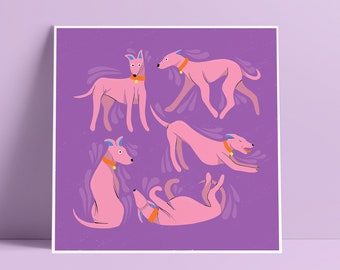 Colourful Purple & Pink Sighthound Print on 300gsm Card // Wall Art // Home Decor // Dog Lover Gift