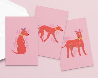 Colourful Pink & Red Sighthound Greetings Card Pack // 4 Cards // 300gsm Card // Dog Lover Gift // Birthday Card // Thank you Card