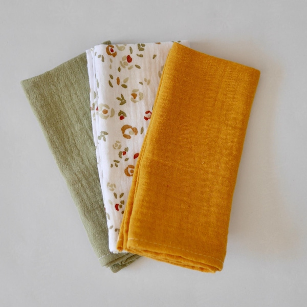 Napkins Set of 3 in double Gauze, Saffron colors, in cotton
