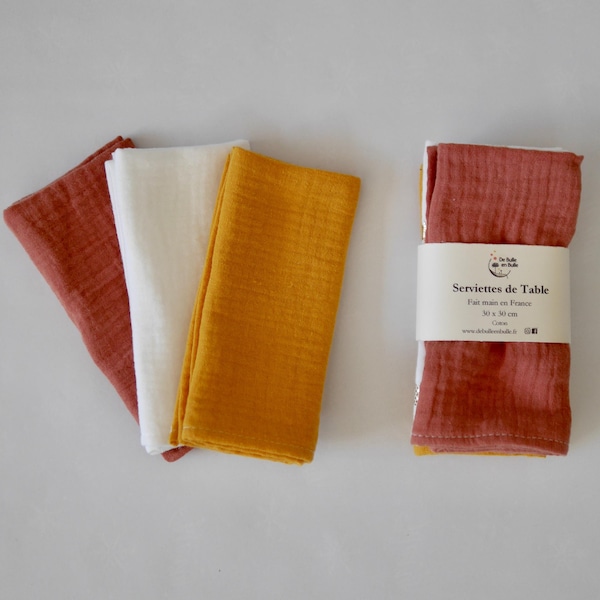 Napkins Set of 3 in double gauze, Ochre colors, in cotton