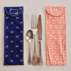 Fabric cutlery case, blue or orange, zero waste and washable.