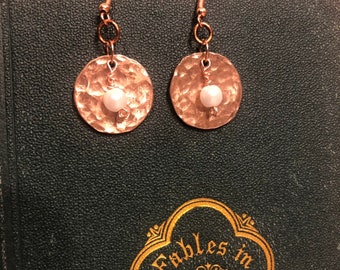 Whimsical Beauty: Handmade Pearl Charm on Hammered Penny Earrings - Unique Gifts for Her, Penny Jewelry