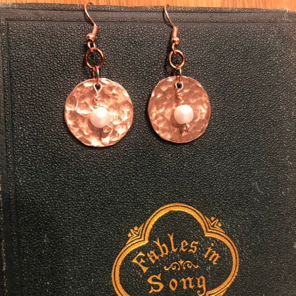 Whimsical Beauty: Handmade Pearl Charm on Hammered Penny Earrings - Unique Gifts for Her, Penny Jewelry