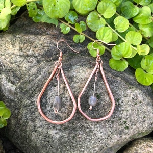 Raw Copper Dangle Earrings with Stone: Handmade Hammered Copper Jewelry - Unique Gift for Her
