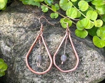 Raw Copper Dangle Earrings with Stone: Handmade Hammered Copper Jewelry - Unique Gift for Her