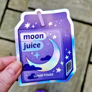 Moon Juice Holographic Vinyl Sticker | Pastel Lunar Celestial Juice Carton Crystal Witch Illustration Water Bottle Laptop Waterproof Outdoor