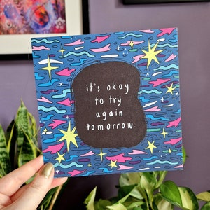 Self Care Art Print Square 15cm | Mental Health Be Kind to Yourself It&#39;s Okay to Try Again Tomorrow | Motivational Wall Art Home Decor Gift