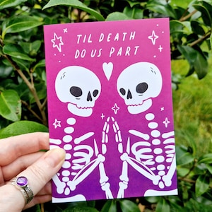 Alternative Hochzeitskarte TIL DEATH Do Us PART Love Jahrestag Valentines A6 Lustig Niedlich Skelette Liebhaber Pink mit Kraft Umschlag Goth Punk