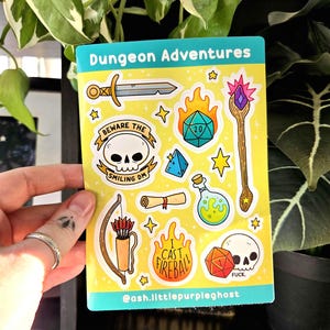 Hoja de pegatinas Dungeon Adventures RPG TTRPG DnD A6 Vinilo Pícaro Bardo Mago Ranger DM Impermeable Bonito Alternativo Interior Exterior Resistente a la intemperie
