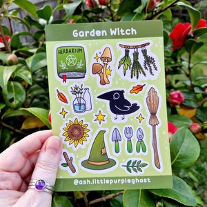 Garden Witch Sticker Sheet A6 Vinyl Cottagecore Herbalist Crow Mushroom Waterproof Cute Alternative Spooky Cute Indoor Outdoor Weatherproof