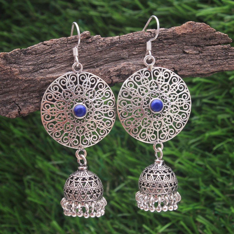 Blue Lapis Coral 92.5 Sterling silver Jhumki earrings matte finishing oxidized finishing hangings female jewelry perfect for every occasion