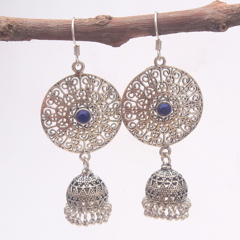Blue Lapis Coral 92.5 Sterling silver Jhumki earrings matte finishing oxidized finishing hangings female jewelry perfect for every occasion