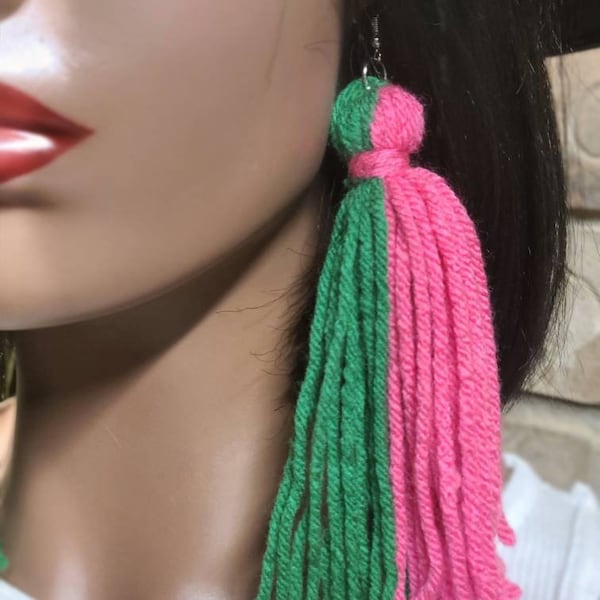Colorful Pink and Green Tassel Earrings