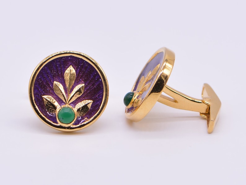 Round Floral Pattern Gold Tone 925 Sterling Silver Cufflinks.