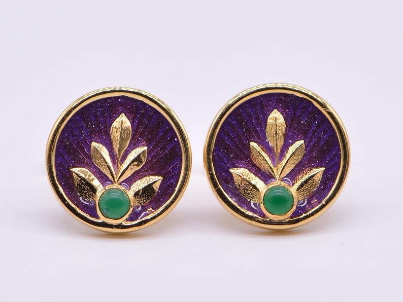 Round Floral Pattern Gold Tone 925 Sterling Silver Cufflinks.