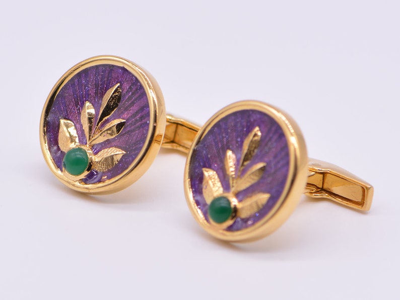 Round Floral Pattern Gold Tone 925 Sterling Silver Cufflinks.