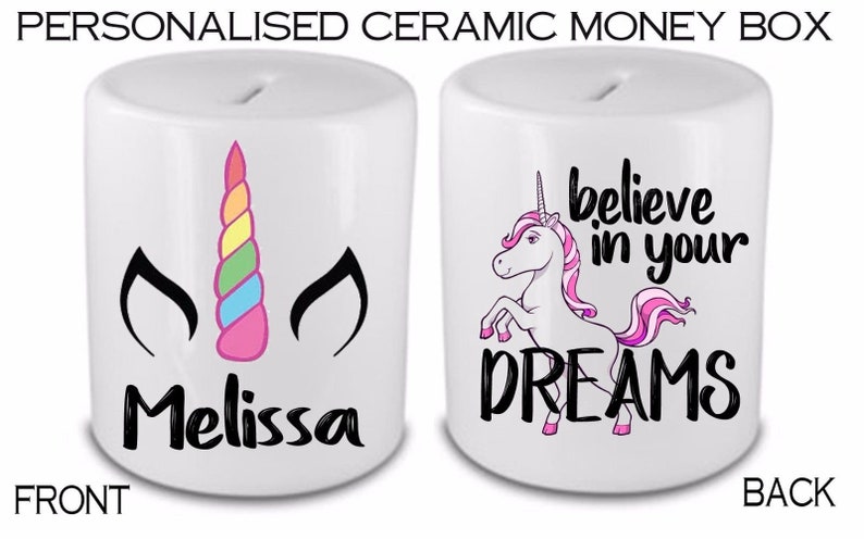 Personalised Unicorn Dreams Savings Bank Money Box Gift Birthday Present Idea - 